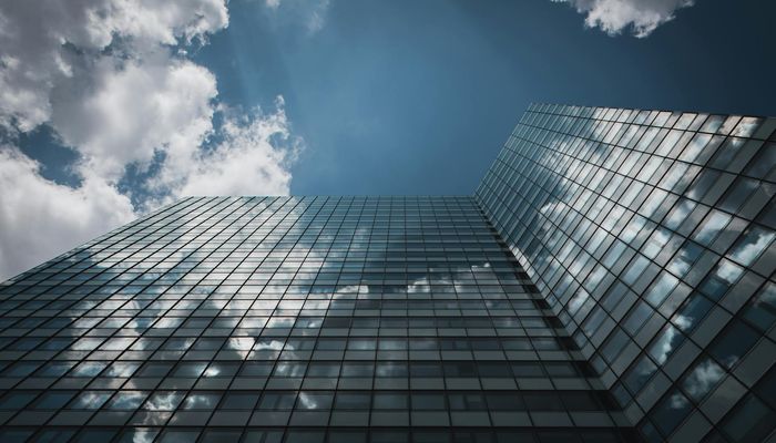 Modern business office building exterior with corporate architecture